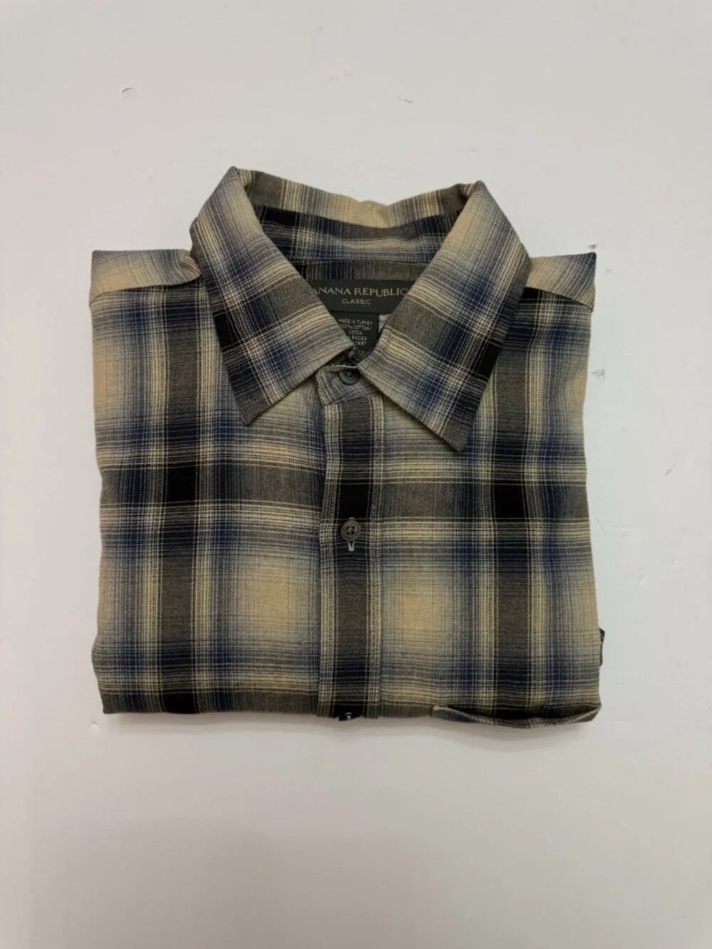Banana Republic Classic Plaid Button Up Shirt Men Large Blue Beige Cotton